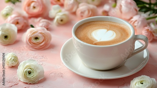 Warm cup of coffee surrounded by pastel flowers on a soft pink background