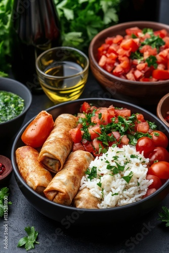 Savory rice rolls with herbs and dipping sauce in a rustic bowl