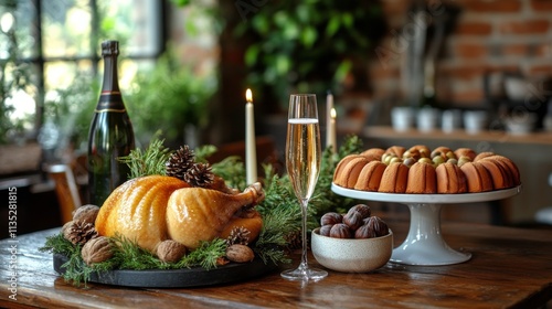 Festive gathering featuring a roasted turkey and elegant dessert display on a...