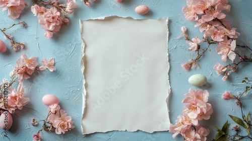 Creative spring layout with blank paper and cherry blossom flowers around pas...