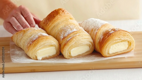 Freshly baked croissant with creamy filling on a wooden surface during daytim...
