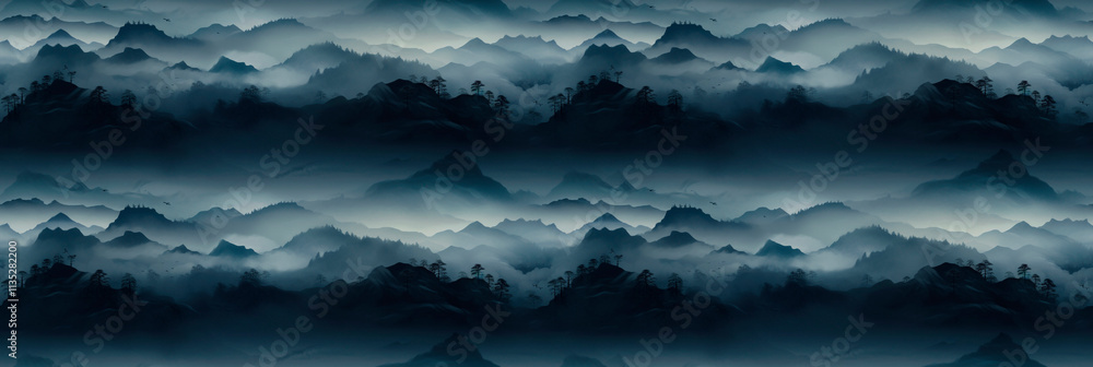 Foreboding Asian mountain landscapes, misty and eerie, nature’s beauty with a sinister feel. Background, seamless pattern. Foreboding Asian mountain landscapes, misty and eerie, nature’s beauty with a sinister feel. Background, seamless pattern.