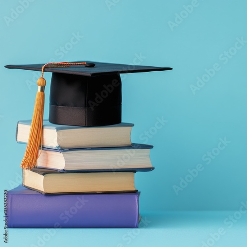 Graduation cap on a stack of books against a light blue background