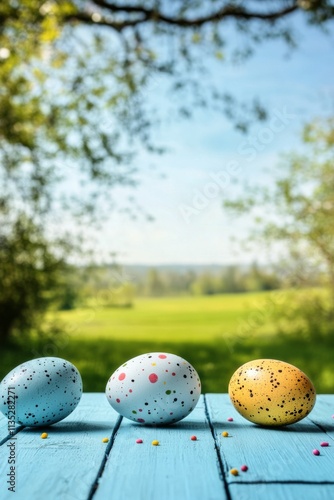Colorful decorated eggs on a blue table in a lush green field during springtime