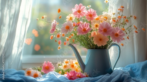 Colorful flower arrangement in a vintage watering can on a cozy window sill