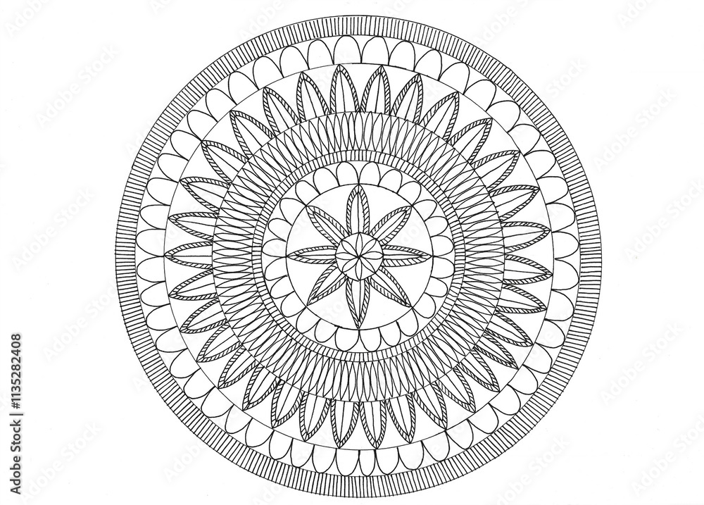 A drawn mandala pattern on white paper lying on a wooden table, drawing supplies and a cup of coffee nearby. The process of drawing a mandala. Mandala creative drawing for relaxation and stress relief A drawn mandala pattern on white paper lying on a wooden table, drawing supplies and a cup of coffee nearby. The process of drawing a mandala. Mandala creative drawing for relaxation and stress relief