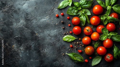 Fresh tomatoes and basil arranged on a dark stone surface for cooking prepara...
