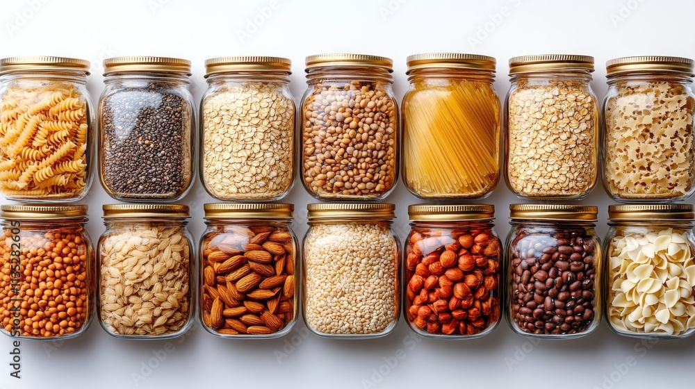 Collection of colorful jars filled with various grains, legumes, and pasta on wooden surface Collection of colorful jars filled with various grains, legumes, and pasta on wooden surface
