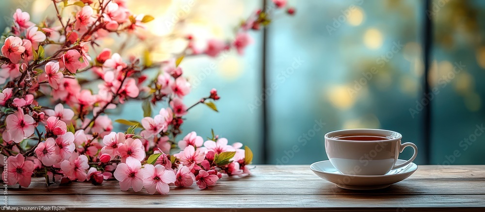 Teacup and cherry blossoms by window. Teacup and cherry blossoms by window.