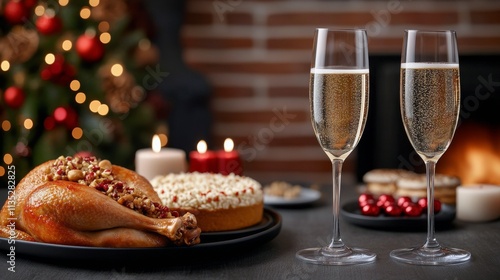 Festive dinner with roasted turkey, sparkling drinks, and desserts by the fir...