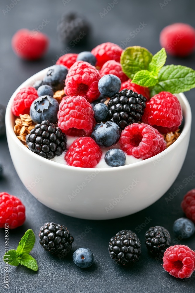 Fresh assortment of berries served in a black bowl on a wooden board against a dark background Fresh assortment of berries served in a black bowl on a wooden board against a dark background