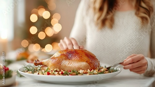 Chef carving a roasted turkey garnished with berries during a festive celebra...