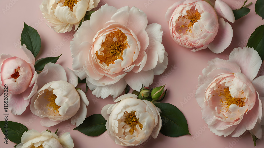 A soft floral pattern featuring pastel roses and peonies on a pale pink background. A soft floral pattern featuring pastel roses and peonies on a pale pink background.