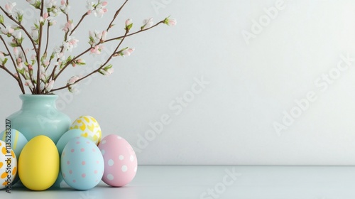 Colorful Easter eggs and cherry blossom branches in a clean modern setting