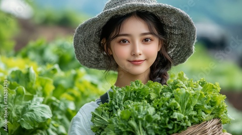 Woman harvesting fresh greens in sustainable garden during a sunny afternoon