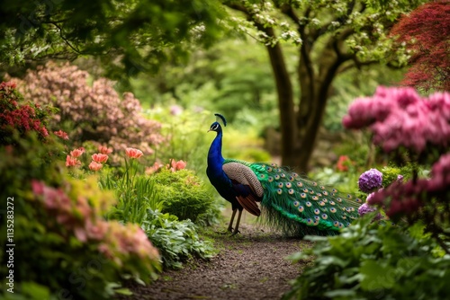 Peacock in a Lush Garden Paradise photo