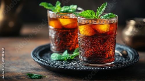 Refreshing mint drinks served in glasses with ice in a dimly lit setting