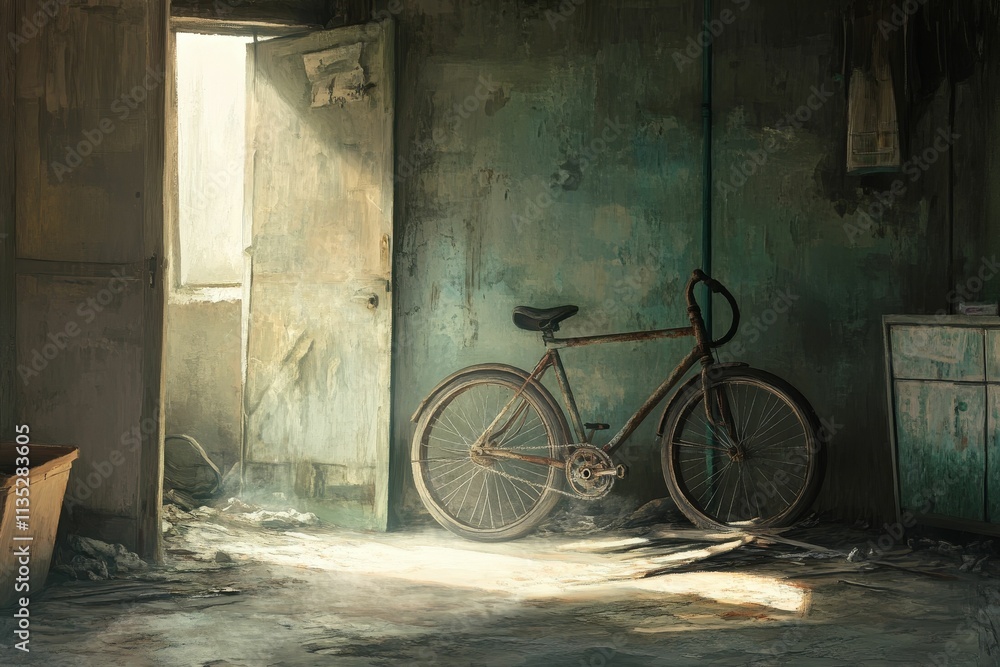 Rusty bicycle in a dilapidated, sunlit room. Rusty bicycle in a dilapidated, sunlit room.