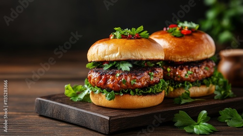 Juicy hamburger with fresh toppings and sesame seed bun on a rustic wooden table