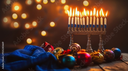 A festive and cultural scene for Hanukkah with menorahs, dreidels, and traditional Jewish symbols against a warm and inviting background photo