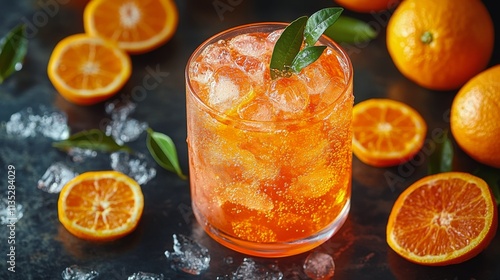 Refreshing orange drinks with ice and fresh fruit on a wooden table