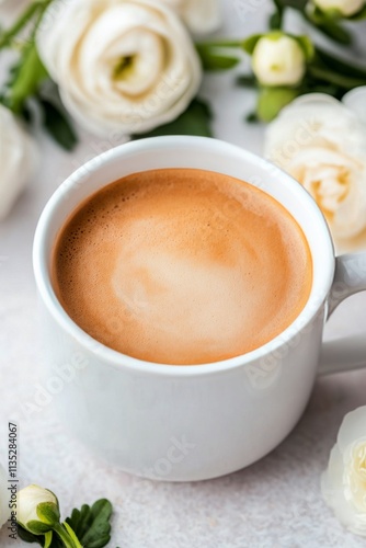 Warm beverage surrounded by delicate flowers on a light surface