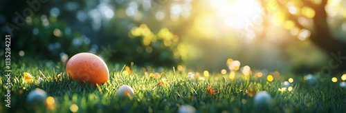 Colorful eggs scattered on lush grass under bright sunlight in a springtime s...