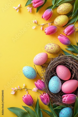 Brightly colored Easter eggs in a nest surrounded by pink tulips on a yellow ...