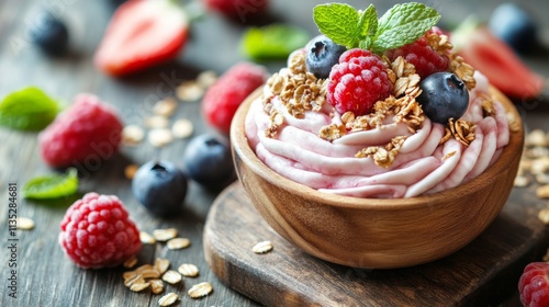 Fresh raspberry crumble dessert with granola topping served in cast iron pan