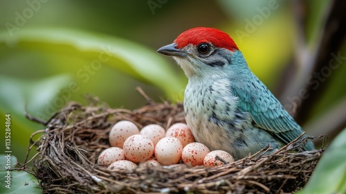 Nest with speckled eggs resting on a mossy tree branch in a serene natural se...