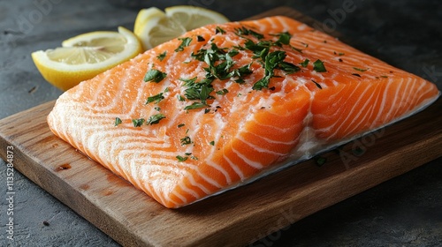 Fresh salmon fillet garnished with herbs on a wooden platter