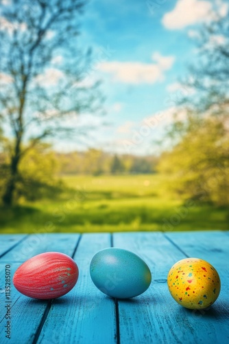 Colorful decorated eggs on a blue table in a lush green field during springtime