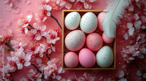 Colorful Easter eggs arranged with pink blossoms on a pastel pink background