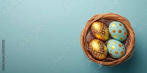 Golden decorated eggs in a rustic basket with dried twigs on a blue background