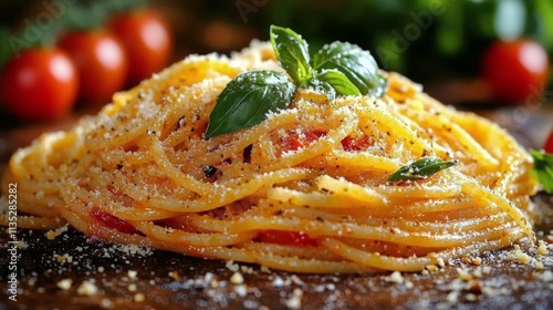 Delicious spaghetti topped with fresh basil and cheese served on a wooden board