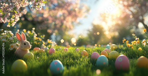 Cute rabbit sits among colorful Easter eggs in a sunlit meadow surrounded by ...