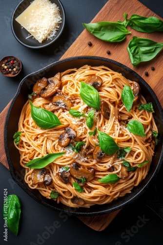 Delicious spaghetti with mushrooms and fresh basil served in a skillet