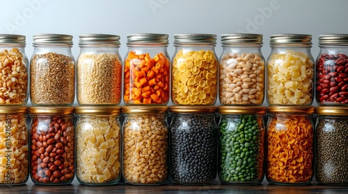 Collection of colorful jars filled with various grains, legumes, and pasta on...