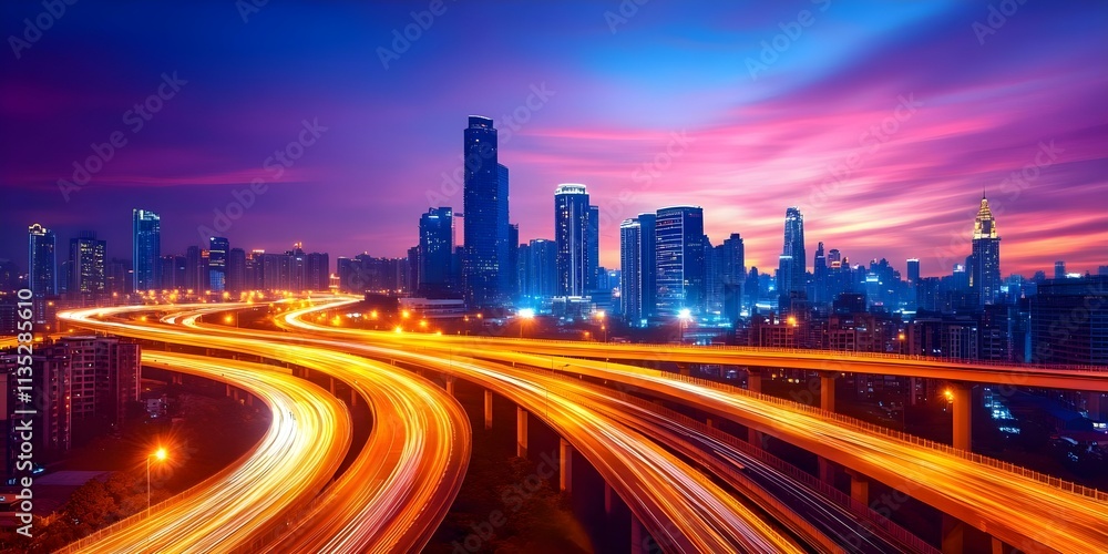 Fototapeta premium A vibrant city skyline at dusk, with illuminated highways and buildings under a colorful sky. Concept City Skyline, Dusk Photography, Illuminated Highways, Colorful Sky, Urban Landscape