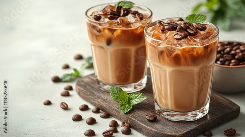 Delicious creamy iced coffee drinks served in clear glasses with coffee beans...