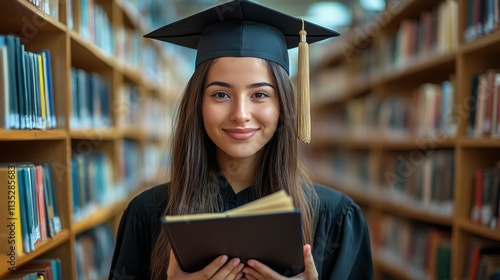 Graduate in cap and gown holding a book in a library surrounded by shelves