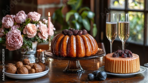 Festive gathering featuring a roasted turkey and elegant dessert display on a...