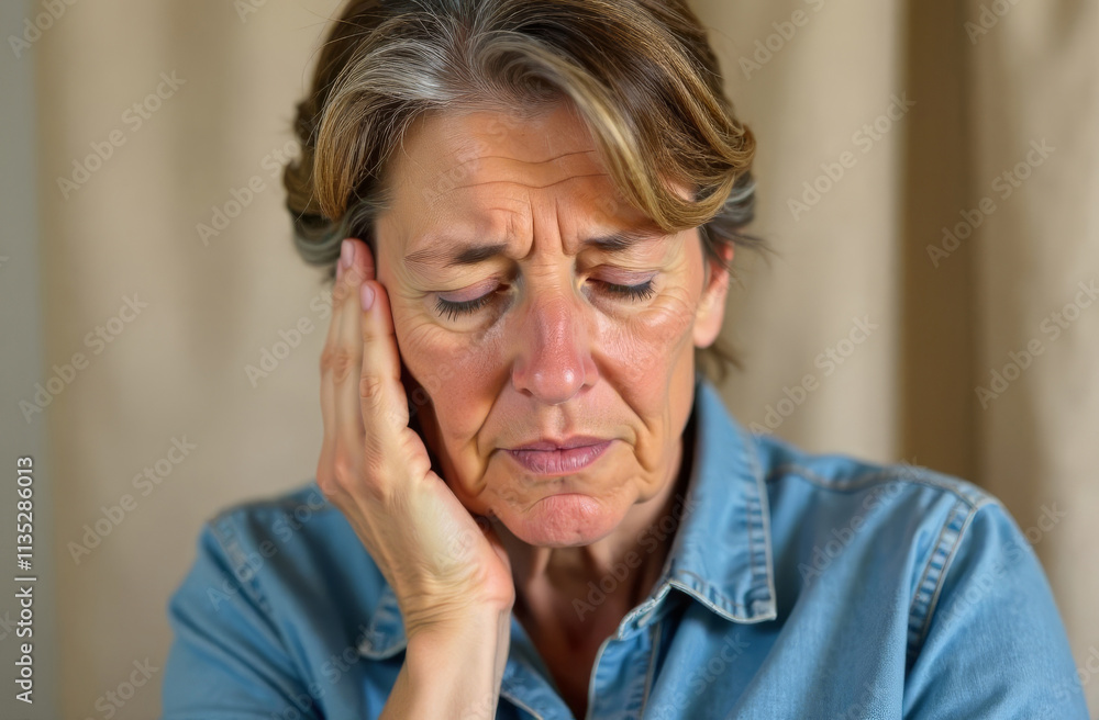 Depressed older woman in pain holding head with hand touching temples. Stress mental health hormonal imbalance. Concept of women feeling unwell during menopause. Copy-space. Depressed older woman in pain holding head with hand touching temples. Stress mental health hormonal imbalance. Concept of women feeling unwell during menopause. Copy-space.
