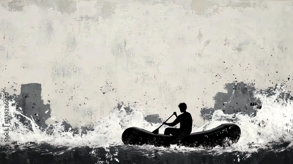 Dynamic Poster for Sports Decor: Professional Man Navigating Turbulent Waves in a Sleek Inflatable Raft, Capturing Stormy Atmosphere and Reflective Lighting Dynamic Poster for Sports Decor: Professional Man Navigating Turbulent Waves in a Sleek Inflatable Raft, Capturing Stormy Atmosphere and Reflective Lighting
