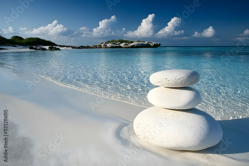 White stones on a beach, evoking a sense of tranquility and purity .illustration photo