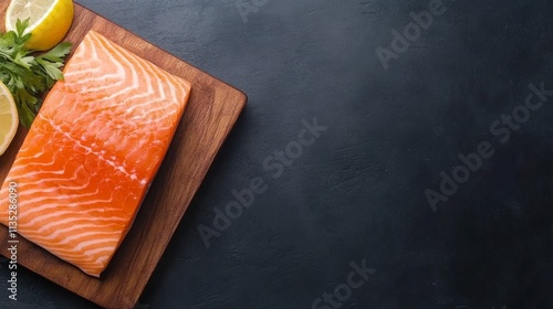 Freshly cut salmon fillet on a wooden board with herbs and lemon slices