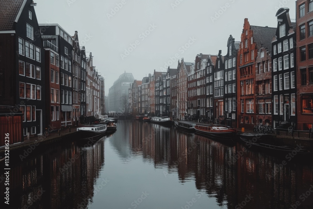 Naklejka premium Amsterdam Canal Houses in a Misty Morning