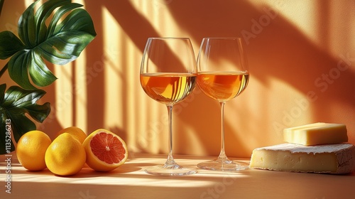 Fresh fruits and cheese pair beautifully with glowing glasses of beverage on ...