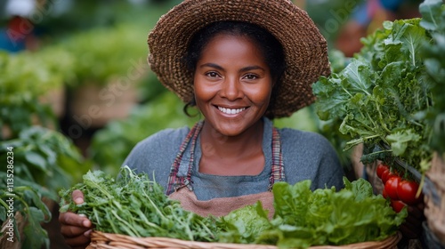 Woman harvesting fresh greens in sustainable garden during a sunny afternoon