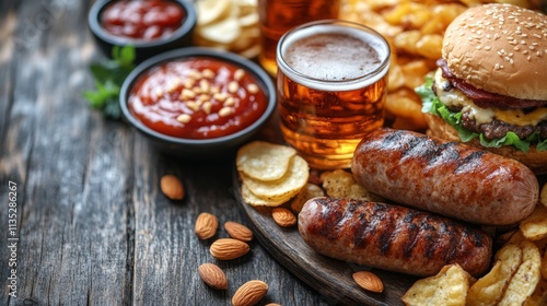 Delicious spread of grilled sausages, burger, snacks and drinks on rustic woo...